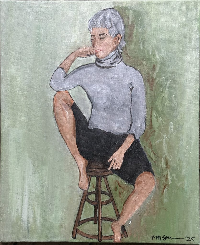Acrylic painting of a woman seated on a stool wearing a gray turtleneck and black shorts, painted in muted greens and neutrals.