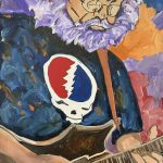 Acrylic painting of Jerry Garcia playing guitar, expressive brushwork, by artist Michelle Scarafile.