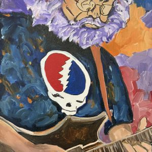 Acrylic painting of Jerry Garcia playing guitar, expressive brushwork, by artist Michelle Scarafile.