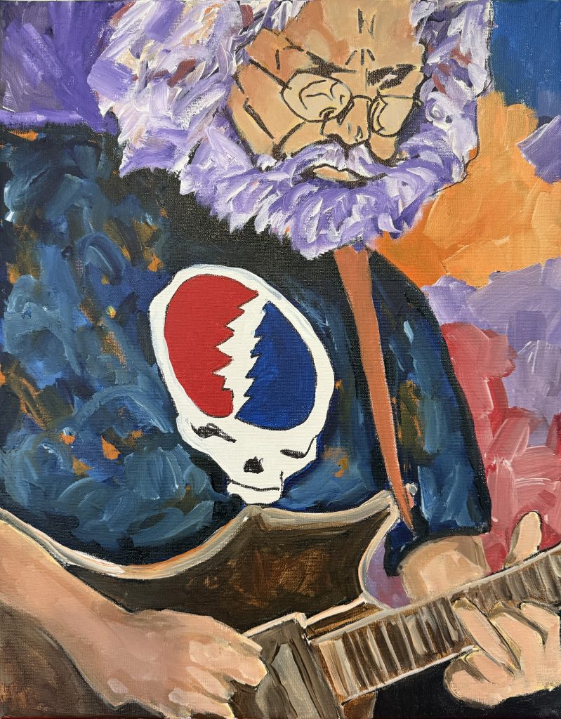Acrylic painting of Jerry Garcia playing guitar, expressive brushwork, by artist Michelle Scarafile.