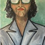 Contemporary figurative portrait painting showing a confident woman with reflective glasses and red lips in a gray jacket on a green background by Michelle Scarafile Wallace.