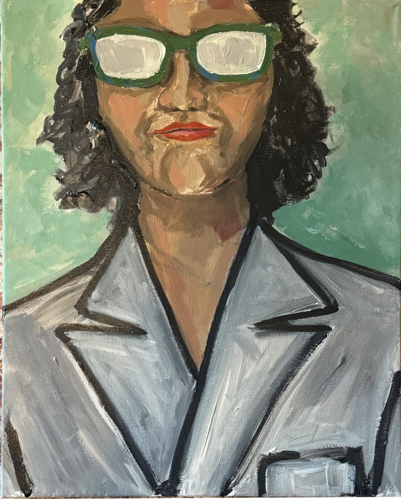 Contemporary figurative portrait painting showing a confident woman with reflective glasses and red lips in a gray jacket on a green background by Michelle Scarafile Wallace.