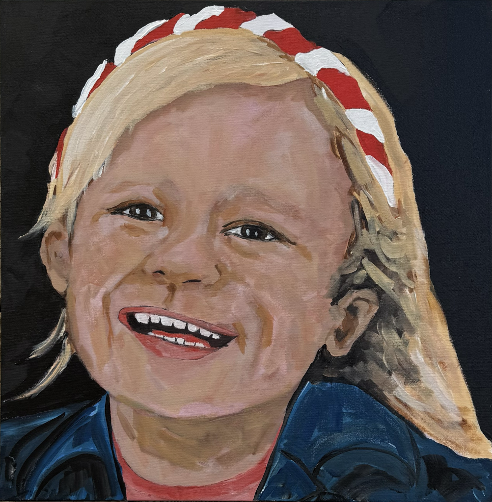 Portrait painting of smiling young girl with red ribbon headband by Michelle Scarafile Wallace