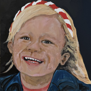 Portrait painting of smiling young girl with red ribbon headband by Michelle Scarafile Wallace