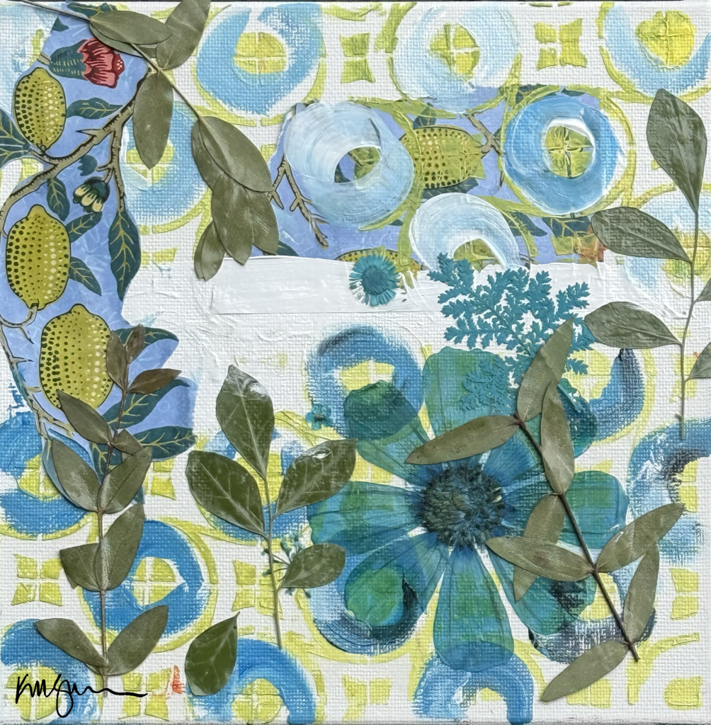 Pocket Garden mixed media collage with layered paper paint and botanical leaves in blue and green by Michelle Scarafile Wallace