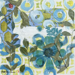 Pocket Garden mixed media collage with layered paper paint and botanical leaves in blue and green by Michelle Scarafile Wallace
