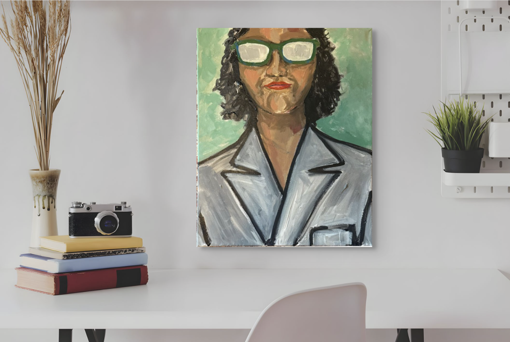 Expressive portrait painting of a confident woman with curly dark hair wearing green glasses and a gray jacket against a mint green background by Michelle Scarafile Wallace.