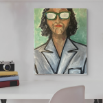 Expressive portrait painting of a confident woman with curly dark hair wearing green glasses and a gray jacket against a mint green background by Michelle Scarafile Wallace.