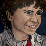 Vito Christopher portrait painting by Michelle Scarafile Wallace featuring a young boy with curly brown hair smiling against a deep blue background with a red shirt.