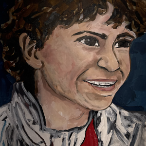 Vito Christopher portrait painting by Michelle Scarafile Wallace featuring a young boy with curly brown hair smiling against a deep blue background with a red shirt.
