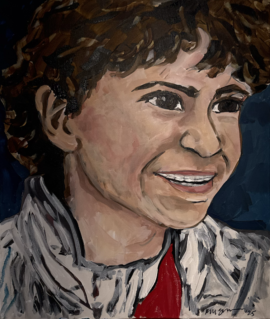 Vito Christopher portrait painting by Michelle Scarafile Wallace featuring a young boy with curly brown hair smiling against a deep blue background with a red shirt.